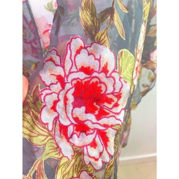 Flowered Embroiled Black Kimono Beach Cover Up Velvety One Size - Picture 5 of 6